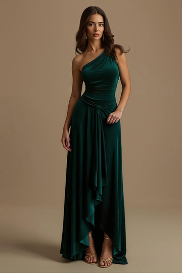 Robe de fête de vacances vert foncé à une épaule avec volants